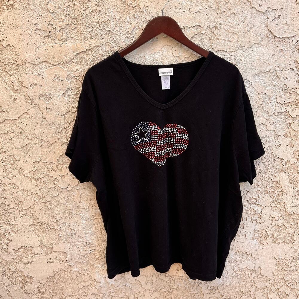 Vintage 00s Fashion Bug Black Americana Rhinestone Heart Tee 4X Plus Size